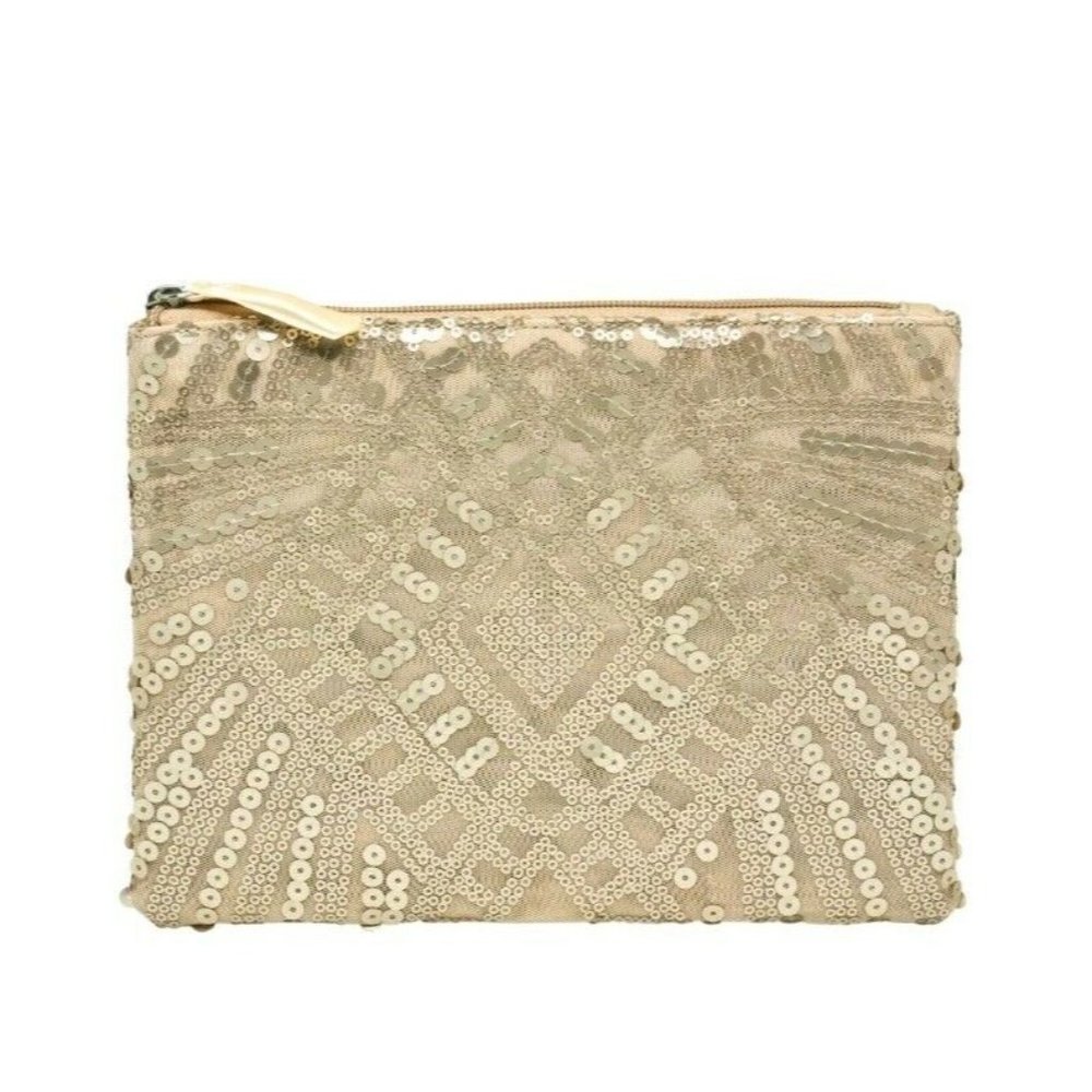❥3 for $15!!! Blush Beaded Makeup Cosmetic Bag wristlet Gold Sequin Glam Bag NEW - Picture 2 of 2